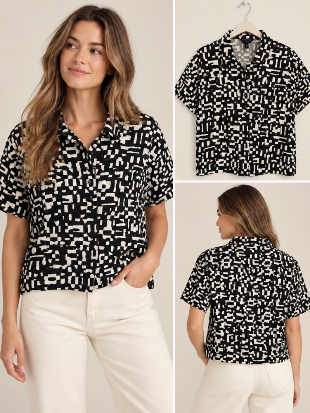 Banana Republic Black Ivory Abstract Linen Blend Button Down Shirt M